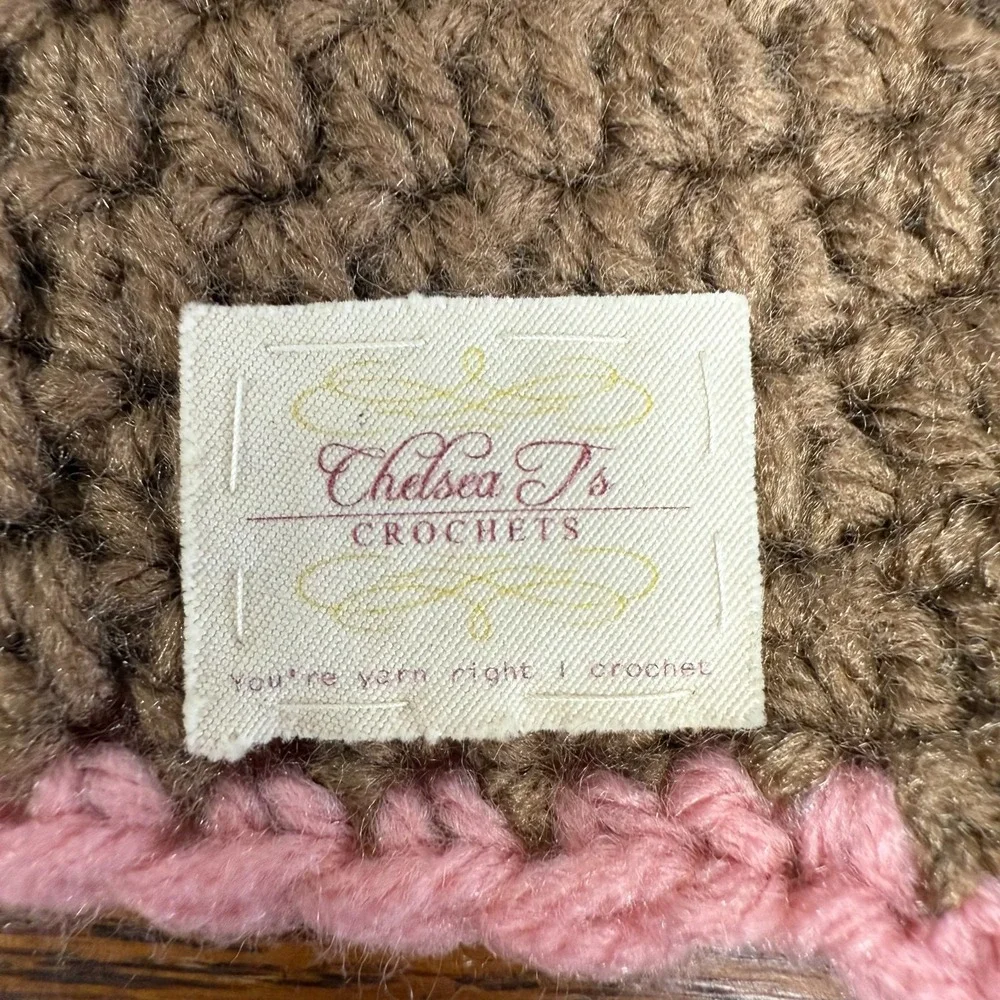 Chelsea T's Crochets Kids Sock‎ Monkey Beanie Pink Brown Crochet Earflap Hat Pom
